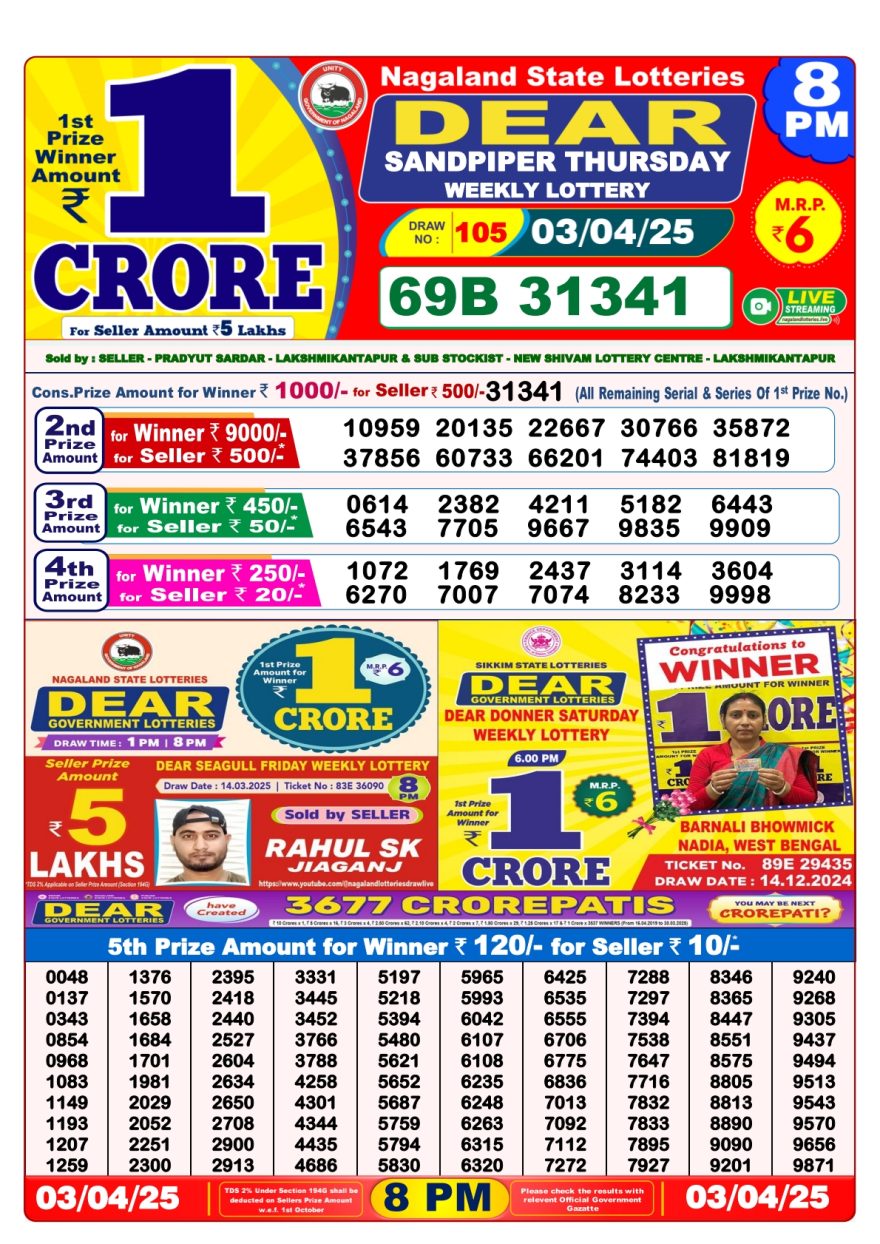 Dear Sandpiper Thursday Weekly Lottery 8PM Result 3.4.25