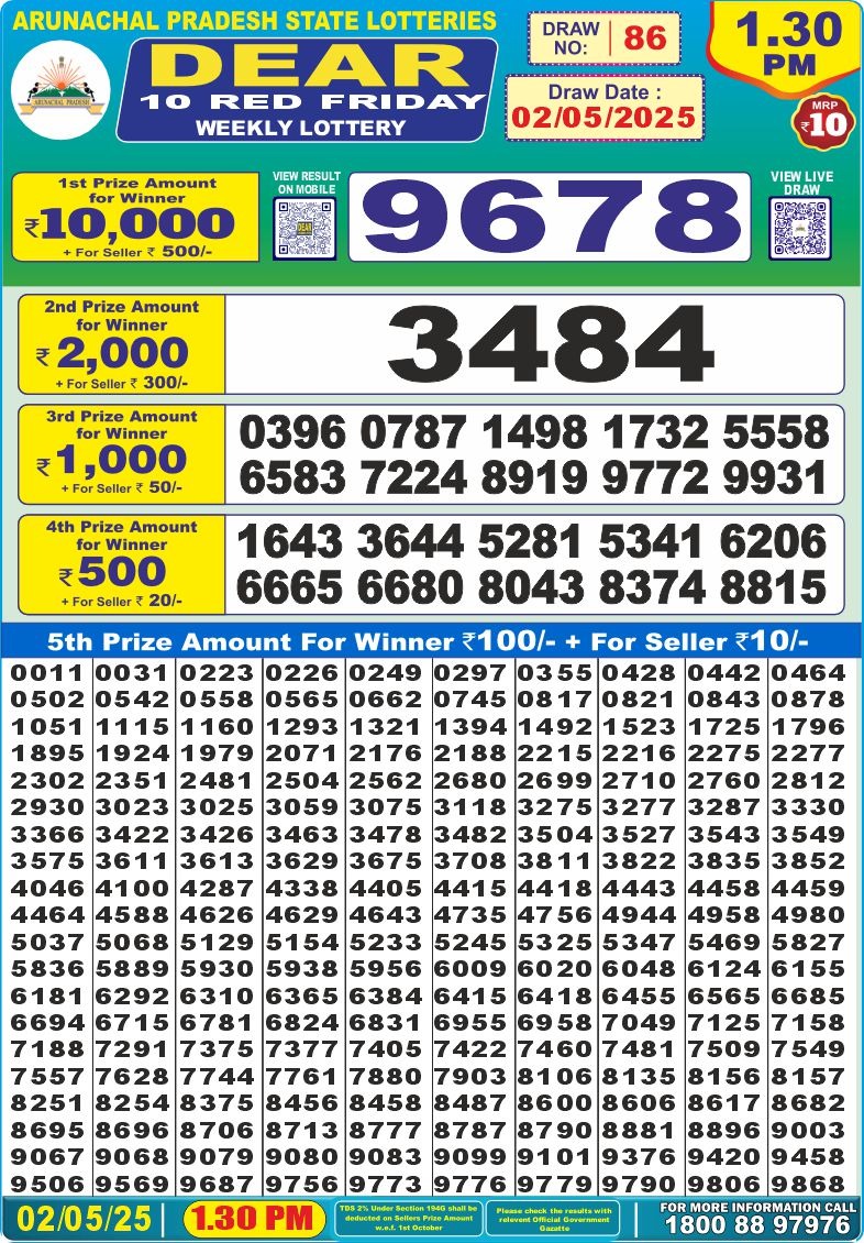 Dear 10 red lottery 1.30PM Result 2.5.25