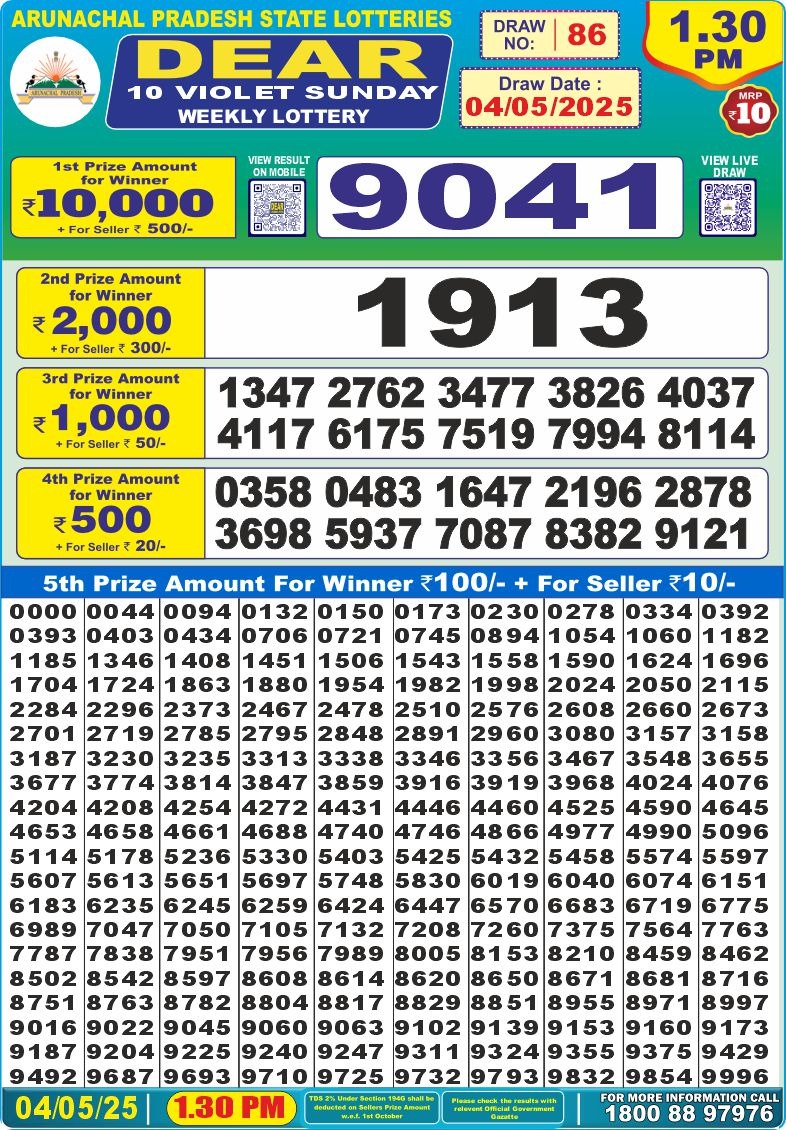 Dear 10 violet lottery 1.30PM Result 4.5.25