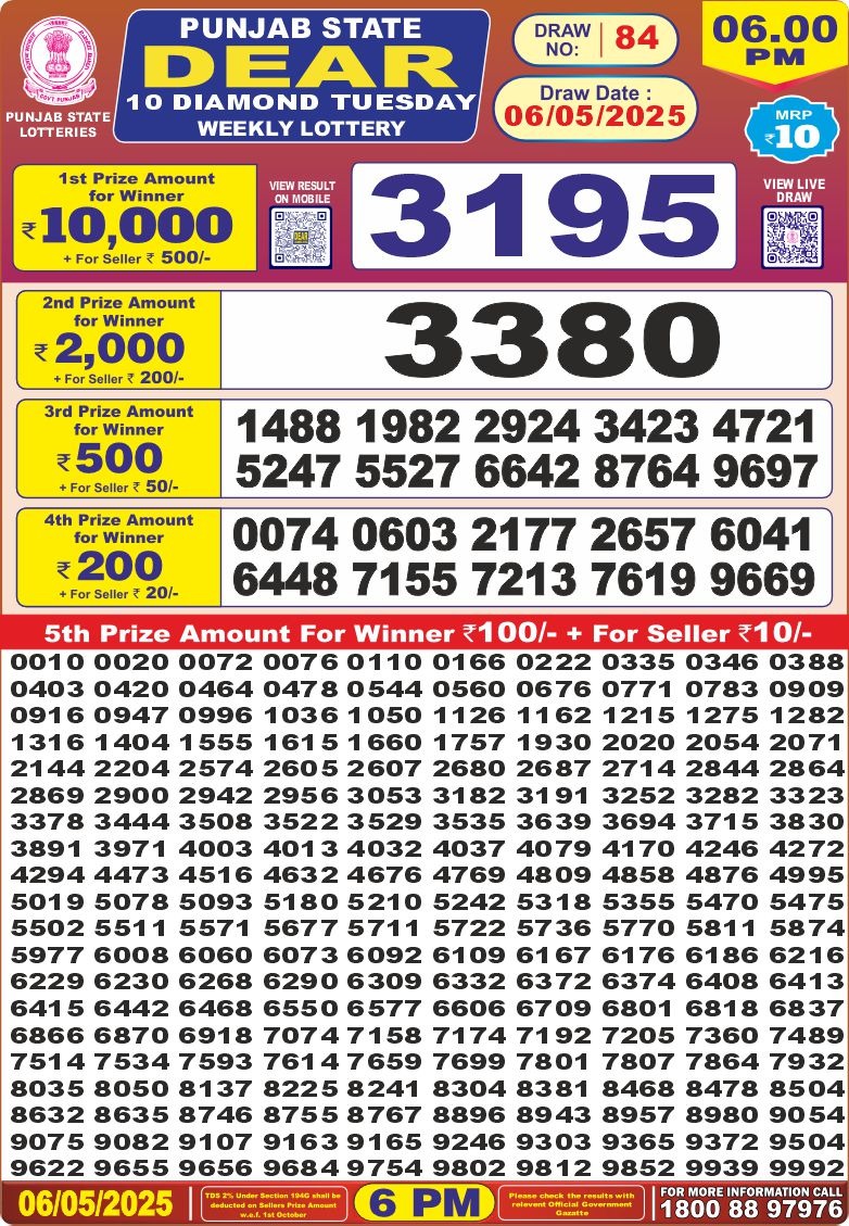 Punjab state dear 10 6pm lottery result 6.5.25