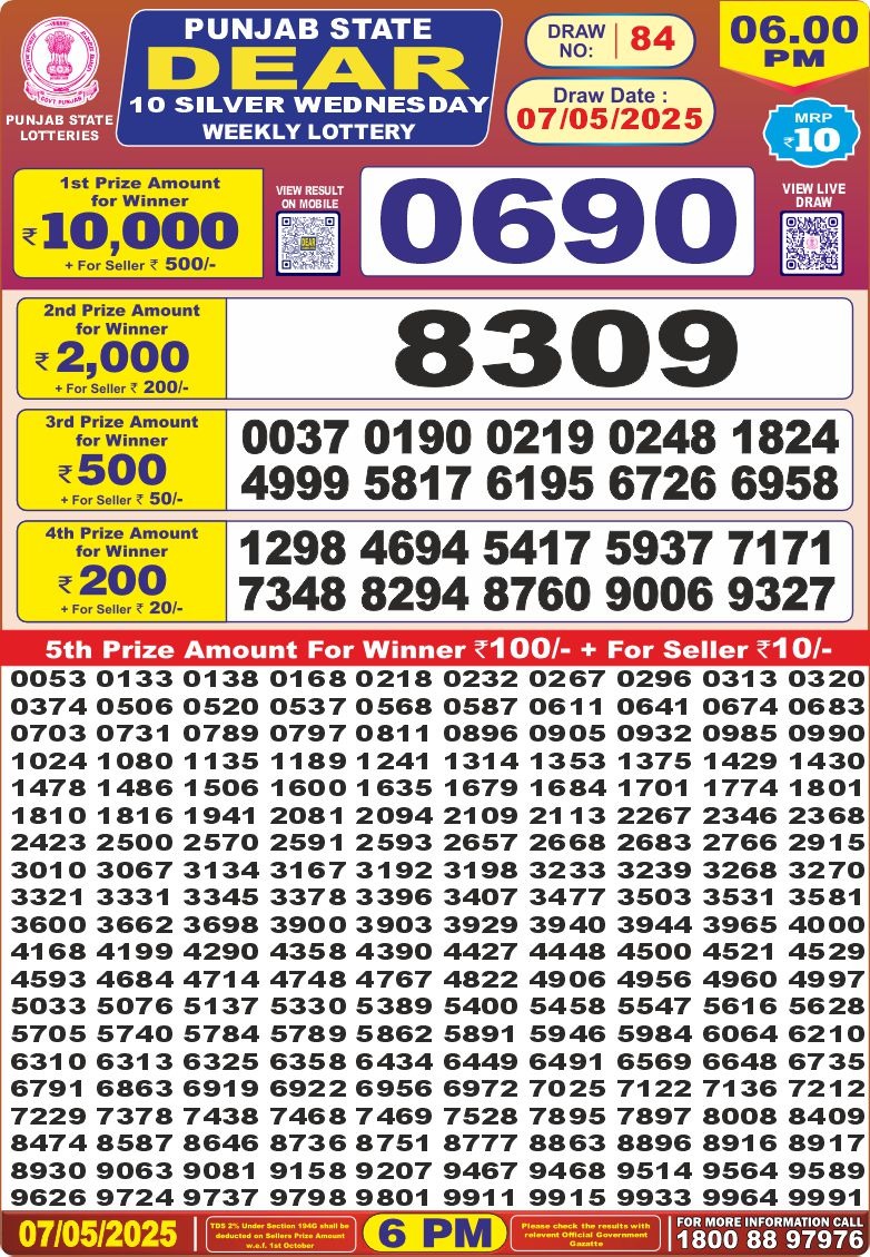 Punjab state dear 10 6pm lottery result 7.5.25