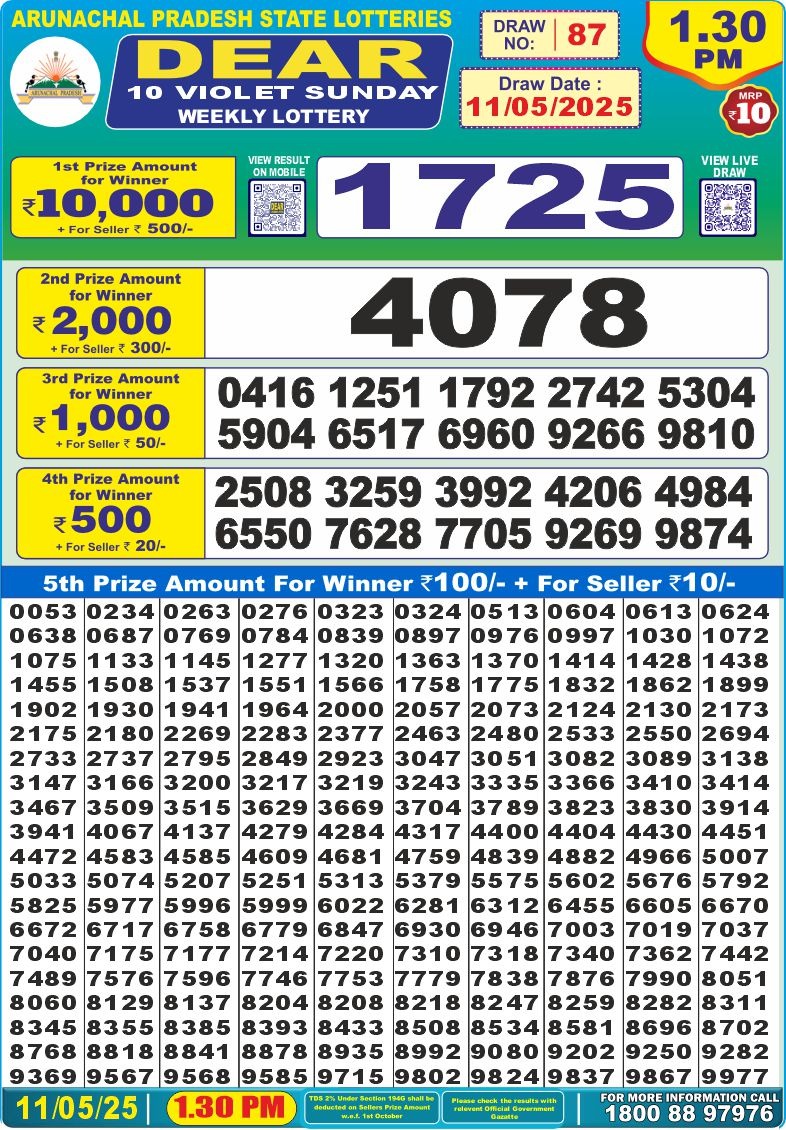 Dear 10 violet lottery 1.30PM Result 11.5.25