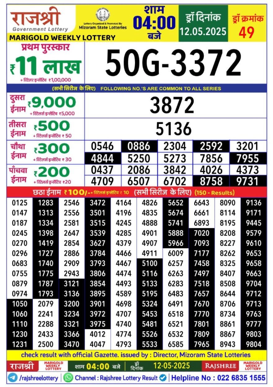 Rajshree marigold monday Weekly Lottery 4PM Result 12.5.25