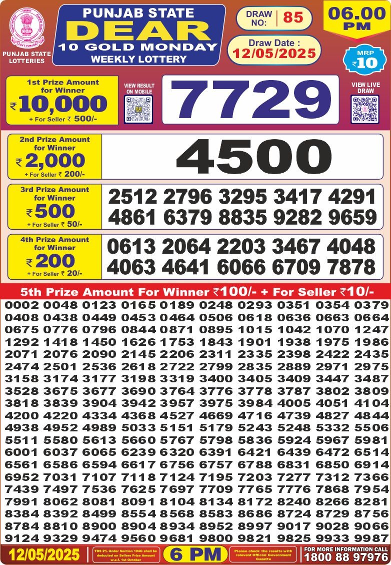 Punjab state dear 10 6pm lottery result 12.5.25