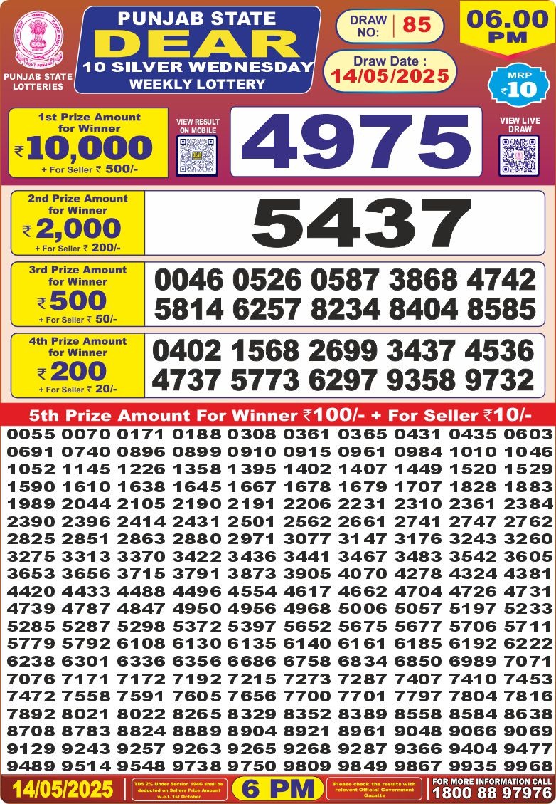 Punjab state dear 10 6pm lottery result 14.5.2025
