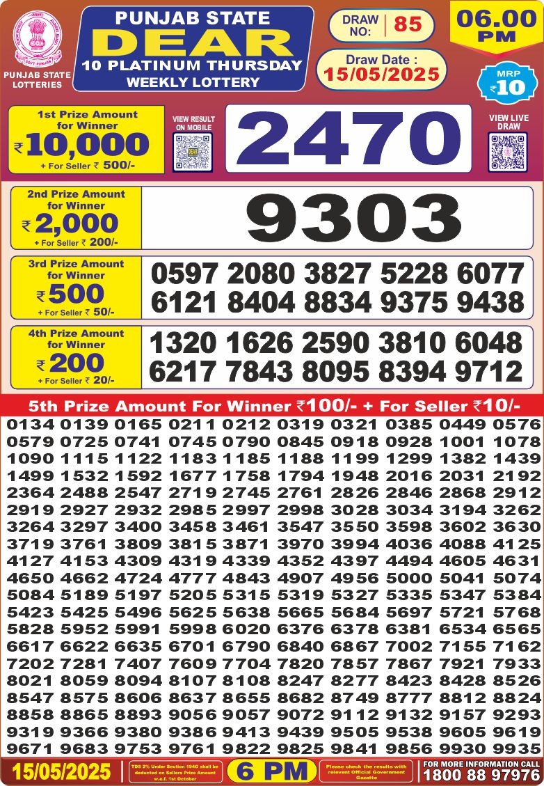 Punjab state dear 10 6pm lottery result 15.5.2025