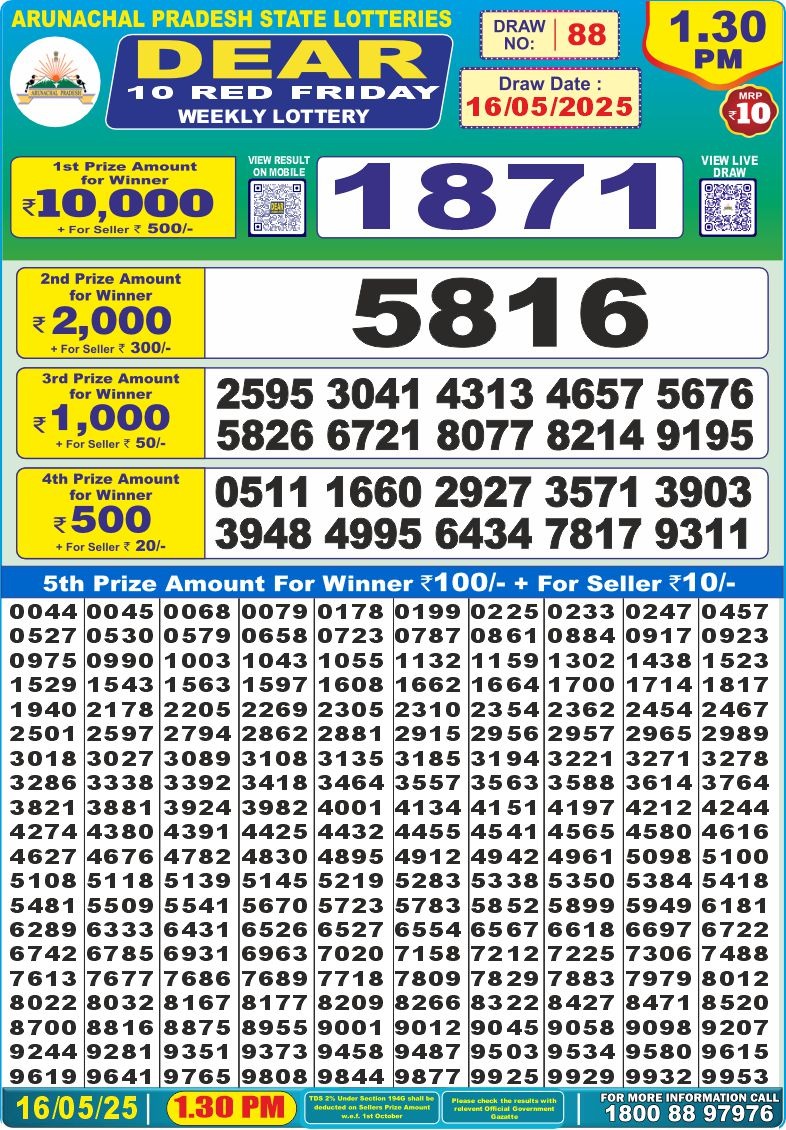 Dear 10 red lottery 1.30PM Result 16.5.2025