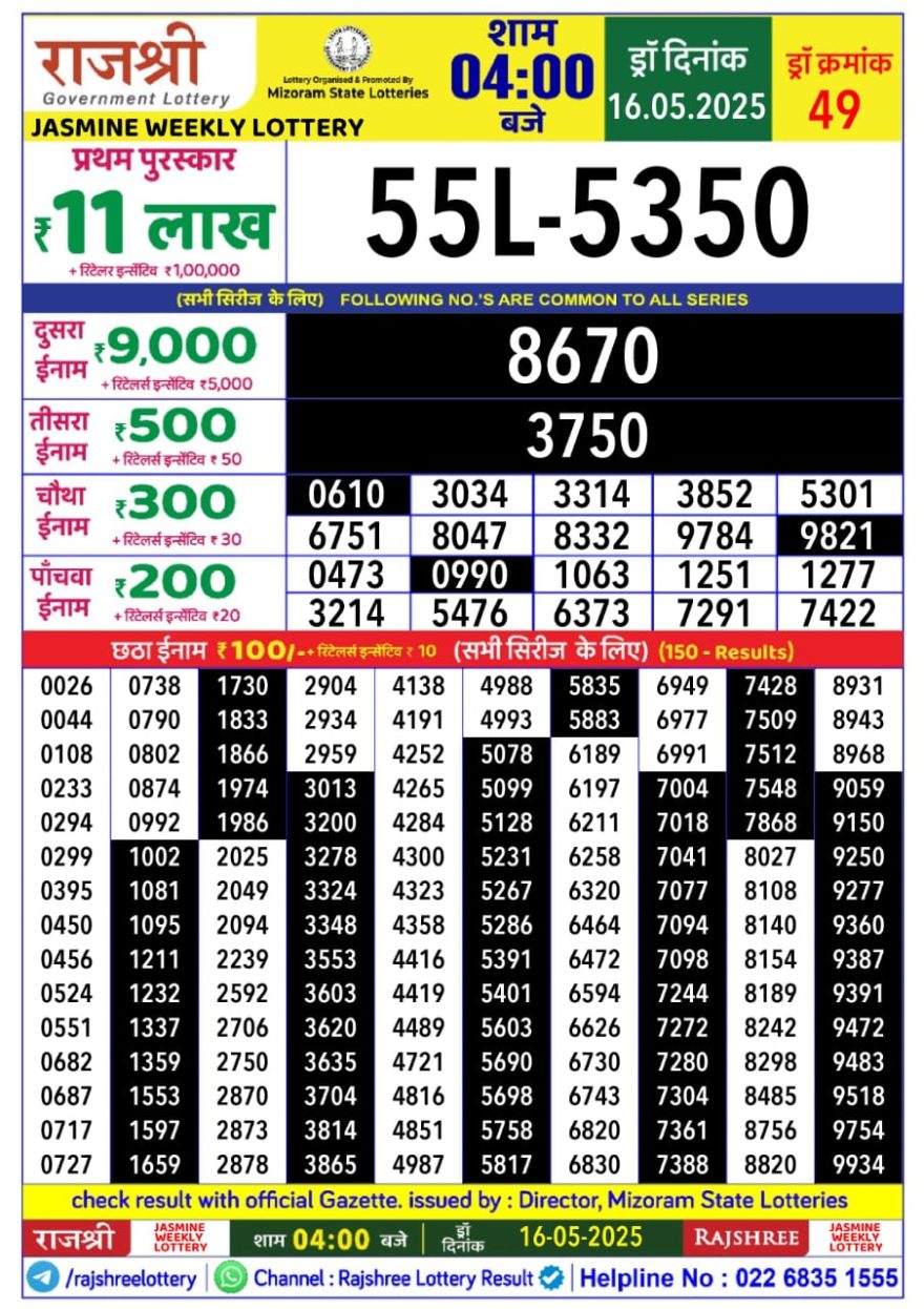 Rajshree jasmine Friday Weekly Lottery 4PM Result 16.5.2025