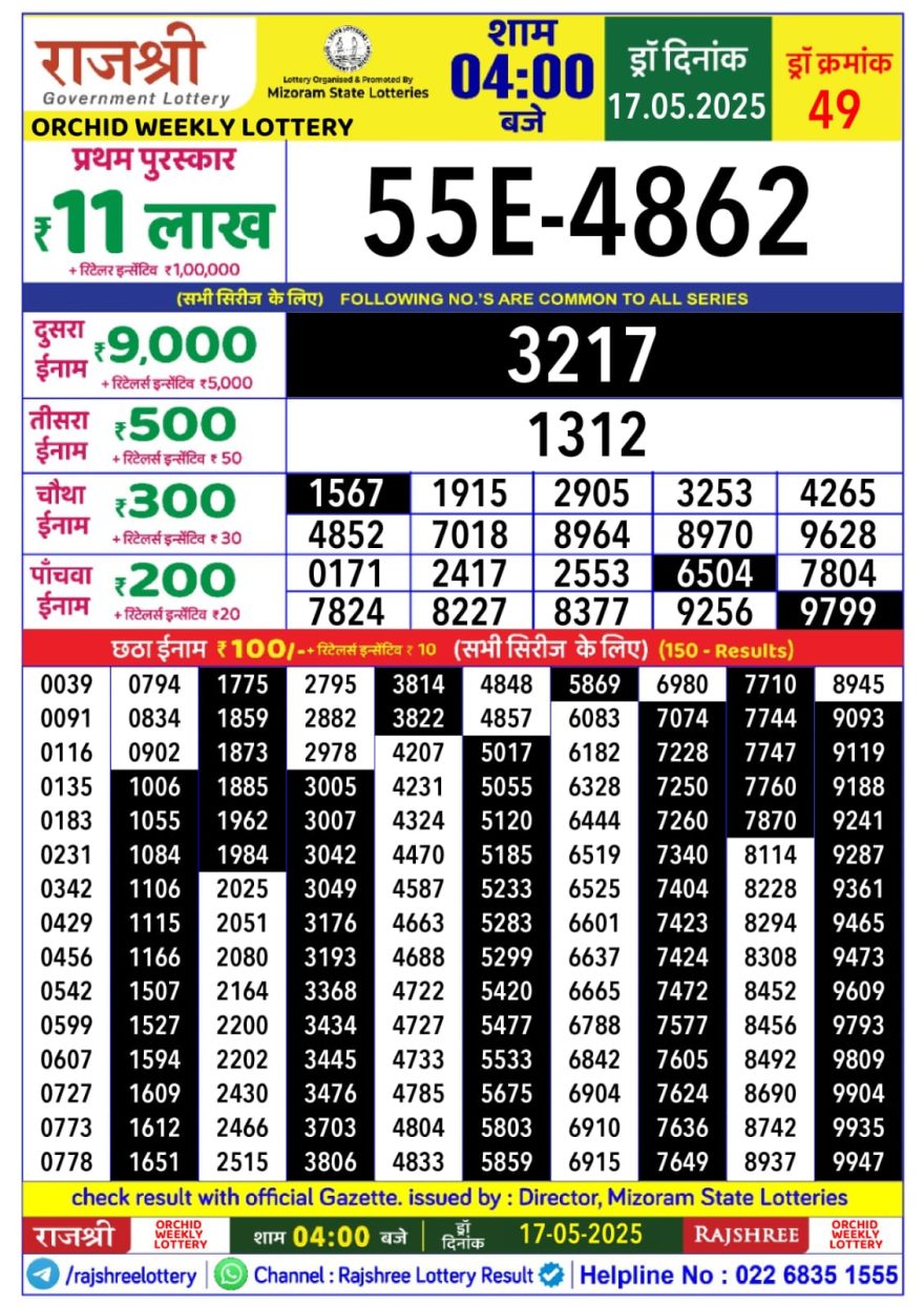Rajshree orchid Saturday Weekly Lottery 4PM Result 17.5.2025