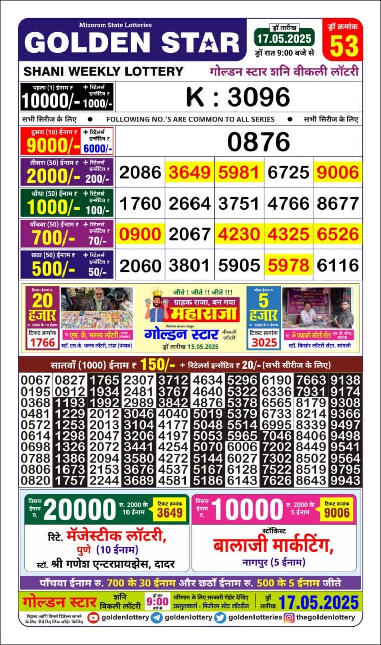 Golden Star weekly Lottery result 9pm 17.5.2025