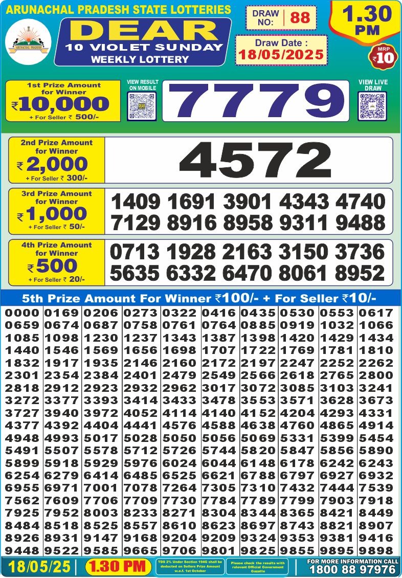 Dear 10 violet lottery 1.30PM Result 18.5.2025