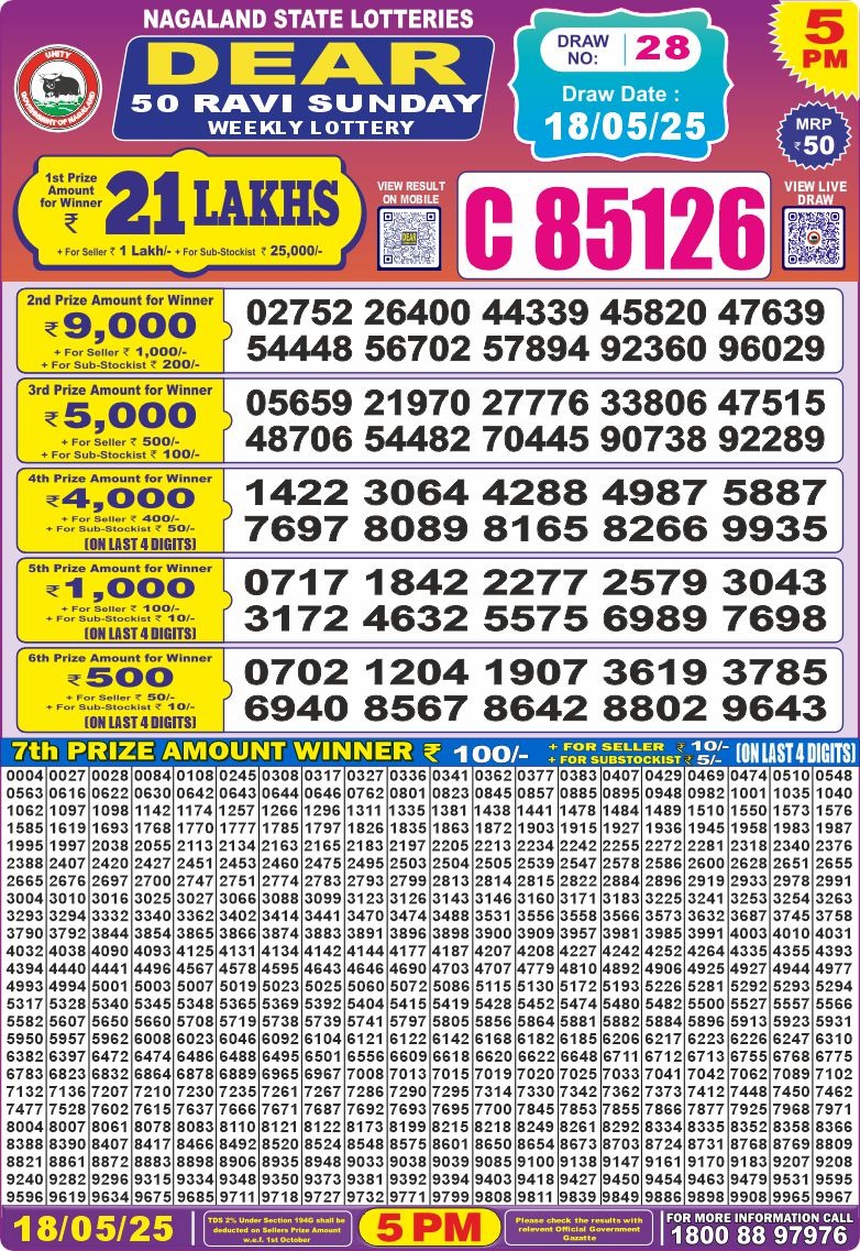 Dear 50 ravi saturday Lottery 5pm Result 18.5.2025