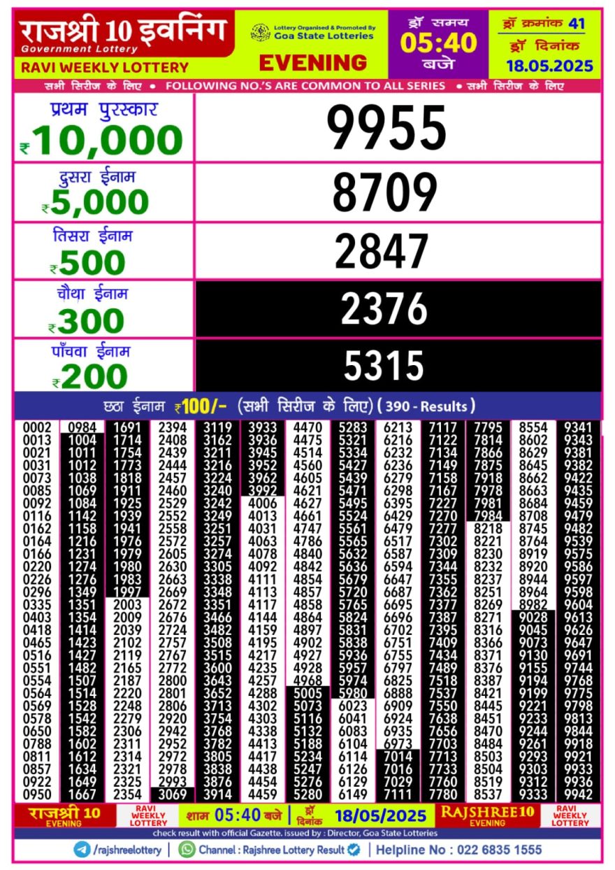 Rajshree 10 evening Sunday 5:40pm result 18.5.2025