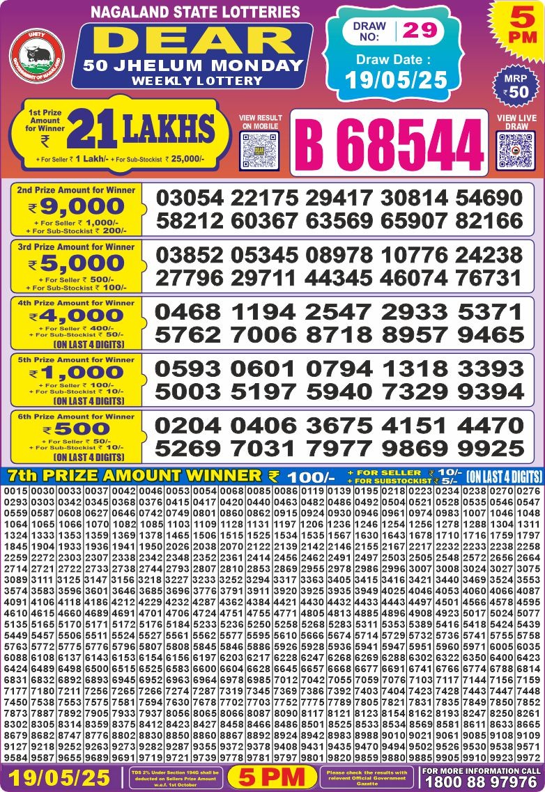 Dear 50 jhelum monday Lottery 5pm Result 19.5.2025