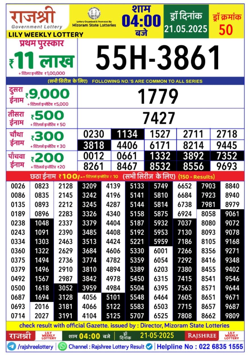 Rajshree Lily Wednesday Weekly Lottery 4PM Result 21.05.25