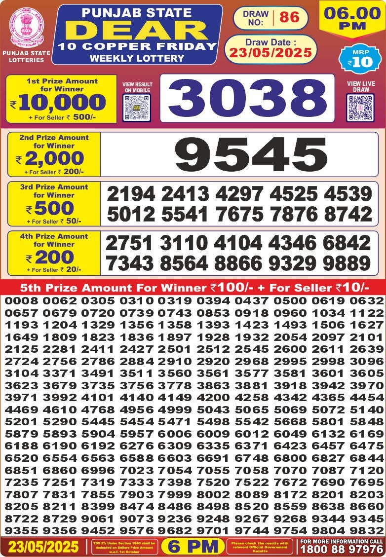 Punjab state dear 10 6pm lottery result 23.05.2025