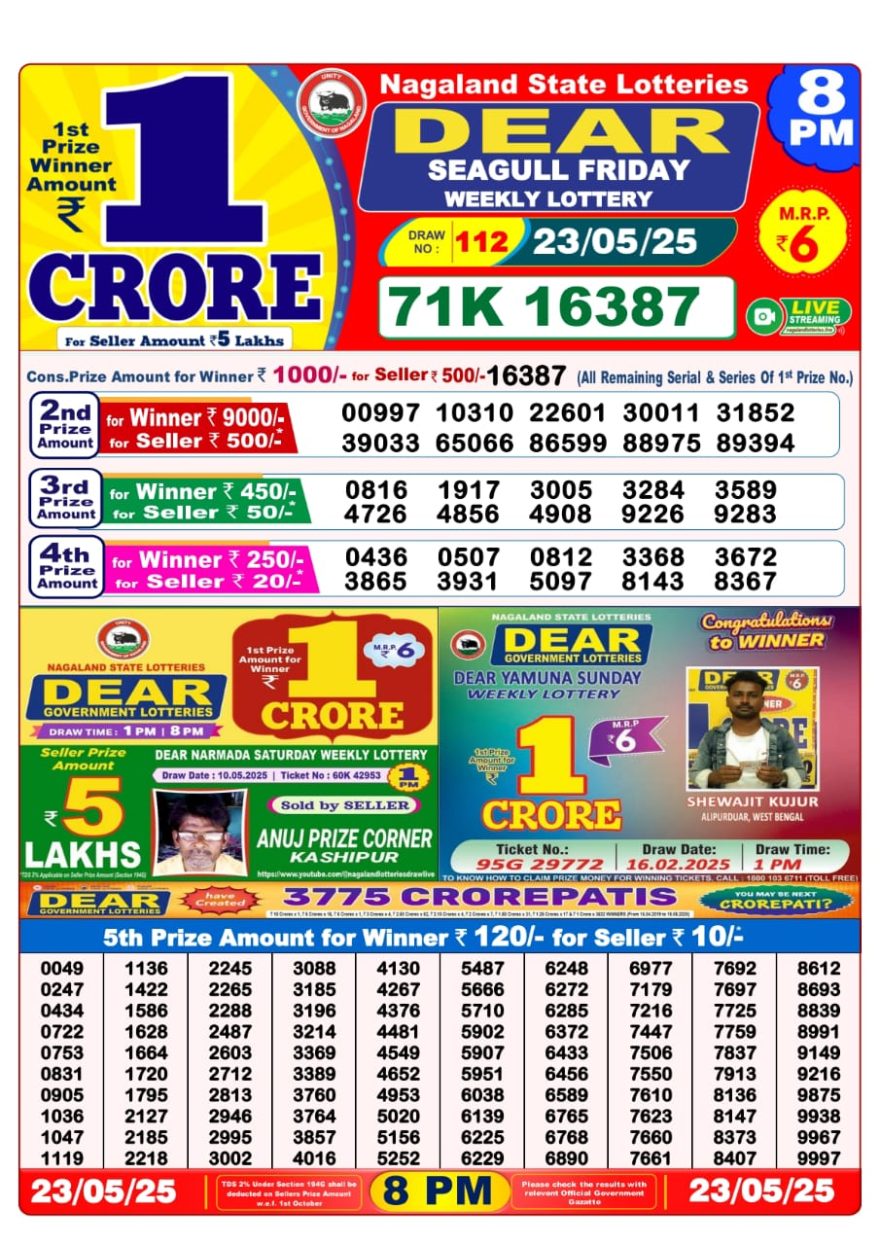 Dear seagull Weekly Lottery 8PM Result 23.05.2025