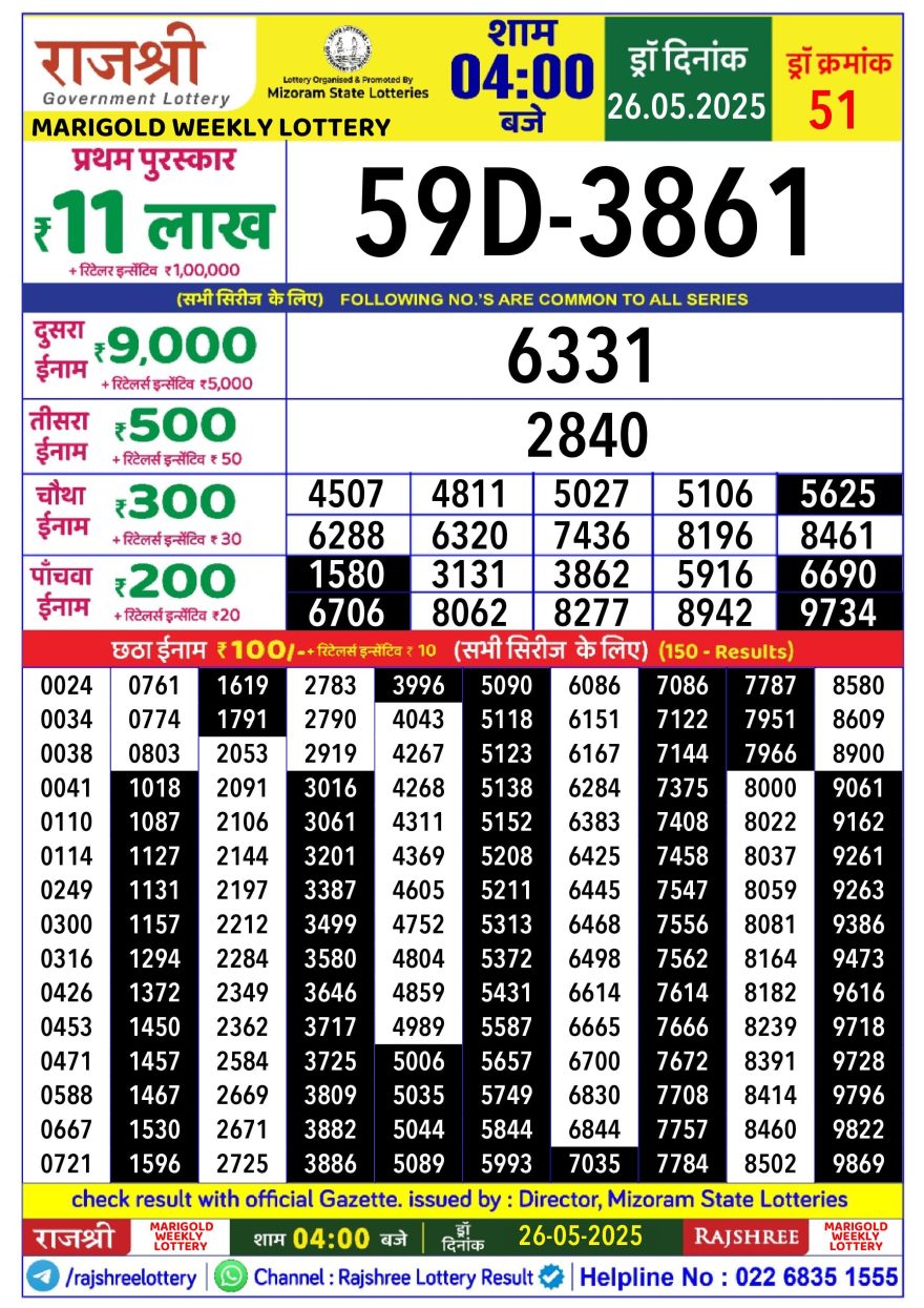 Rajshree marigold monday Weekly Lottery 4PM Result 26.05.25