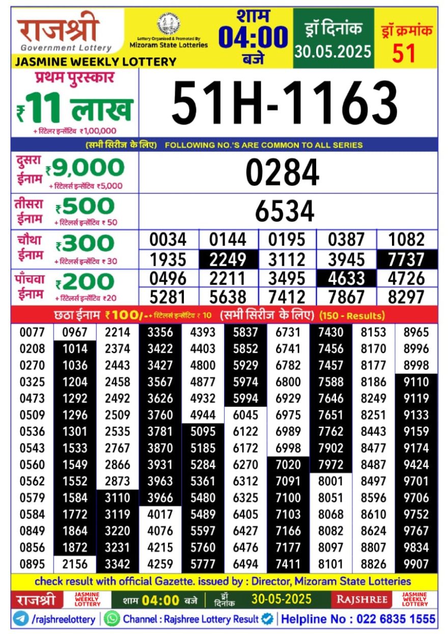 Rajshree jasmine Friday Weekly Lottery 4PM Result 30.05.25