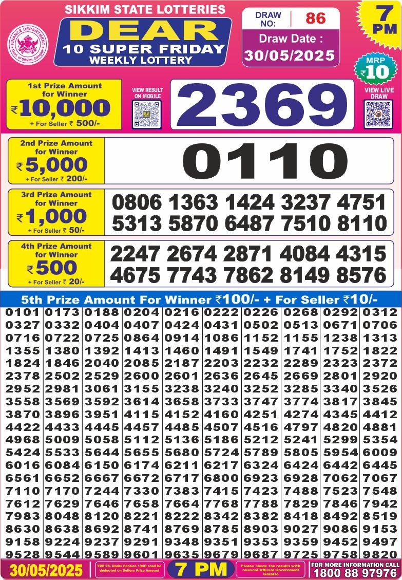 Dear 10 super 7pm result 30.05.2025