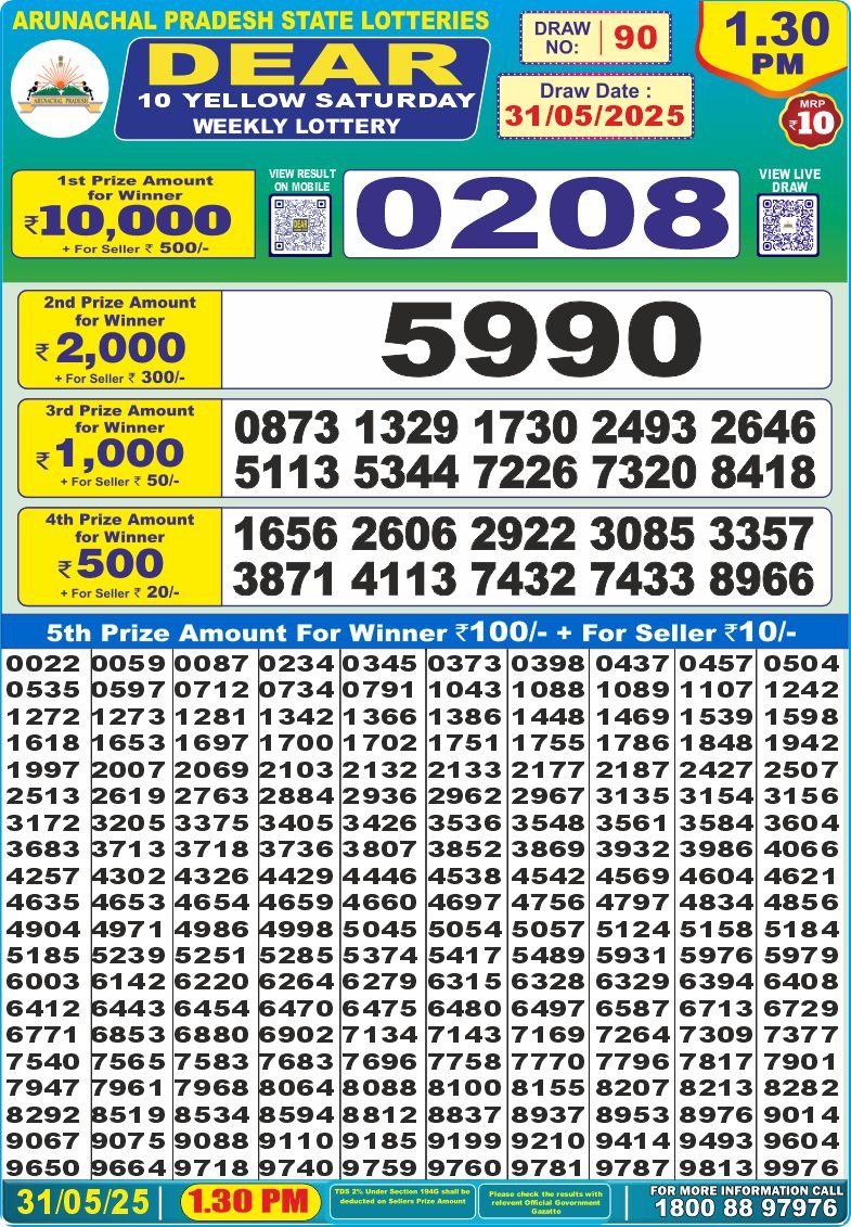 Dear 10 yellow lottery 1.30PM Result 31.05.25