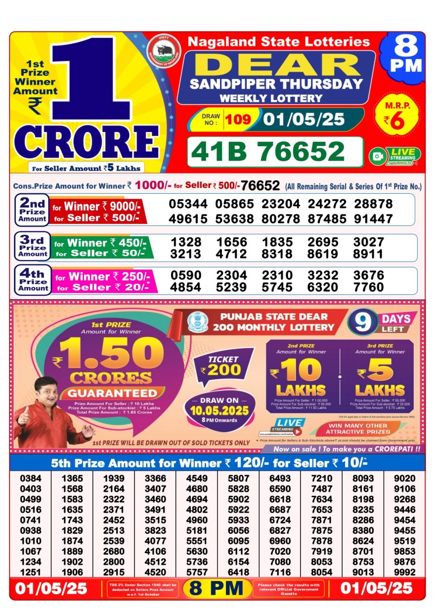 Dear Sandpiper Thursday Weekly Lottery 8PM Result 1.5.25