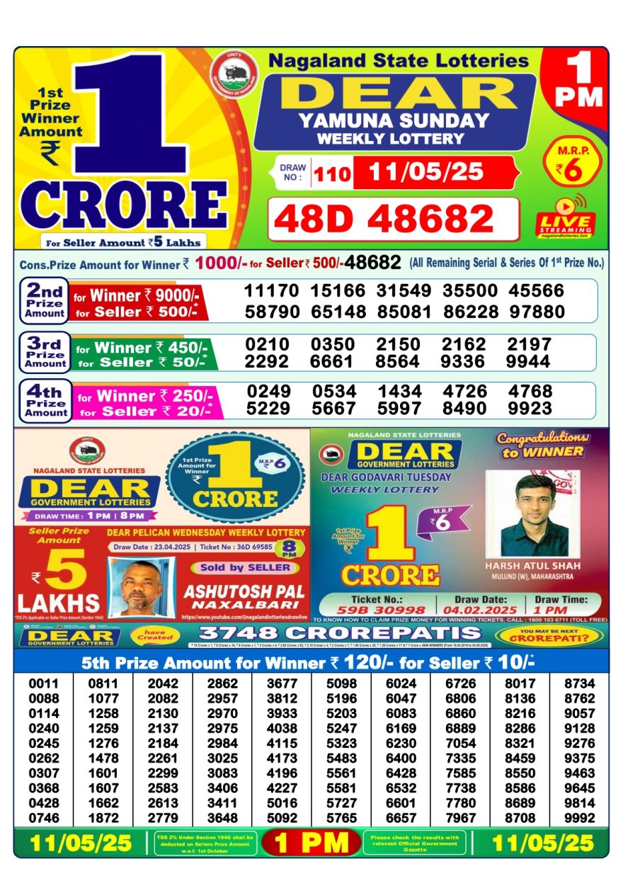Dear yamuna sunday Weekly 1pm result 11.5.25
