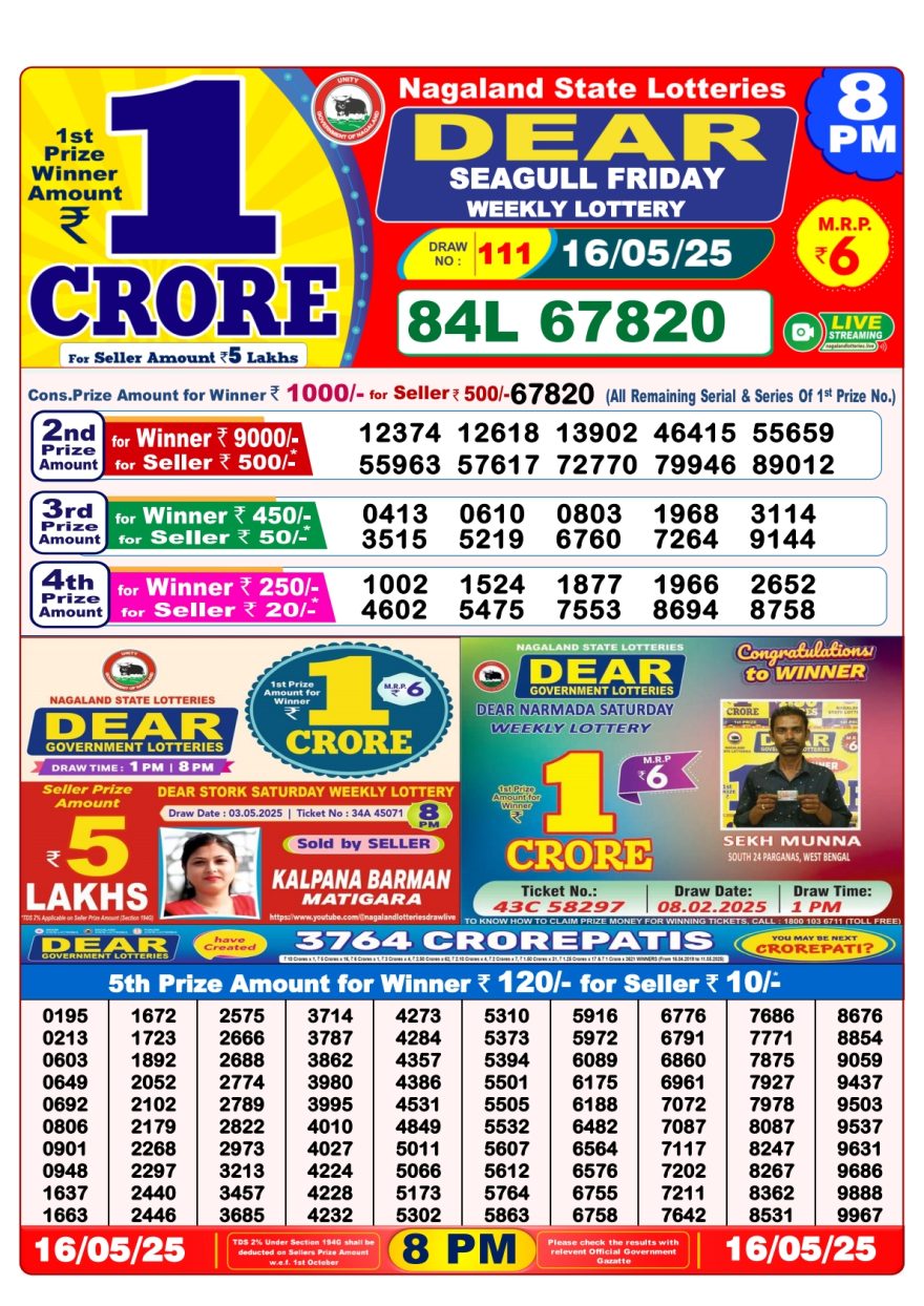 Dear seagull Weekly Lottery 8PM Result 16.5.2025