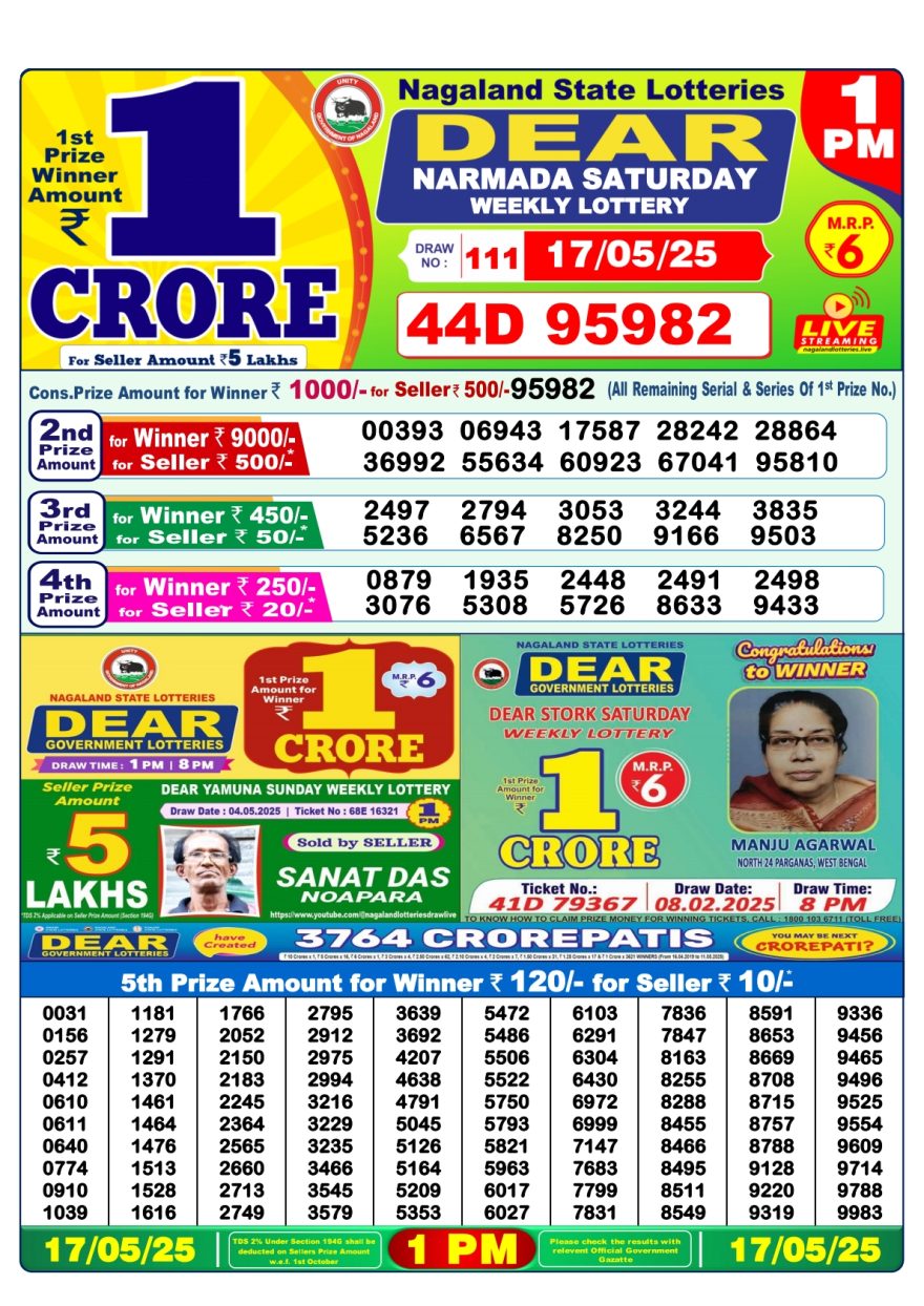 Dear narmada saturday Weekly 1pm result 17.5.2025