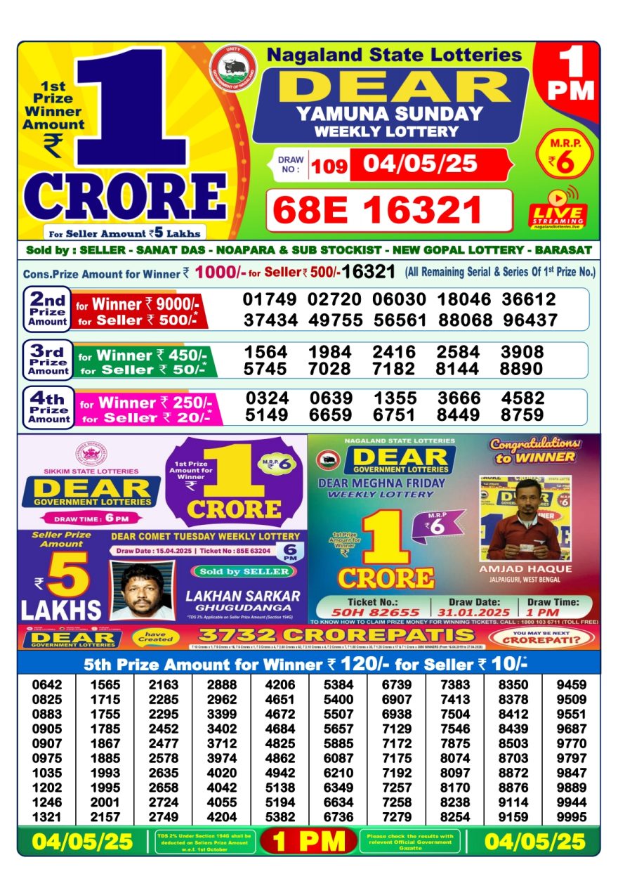 Dear yamuna sunday Weekly 1pm result 4.5.25