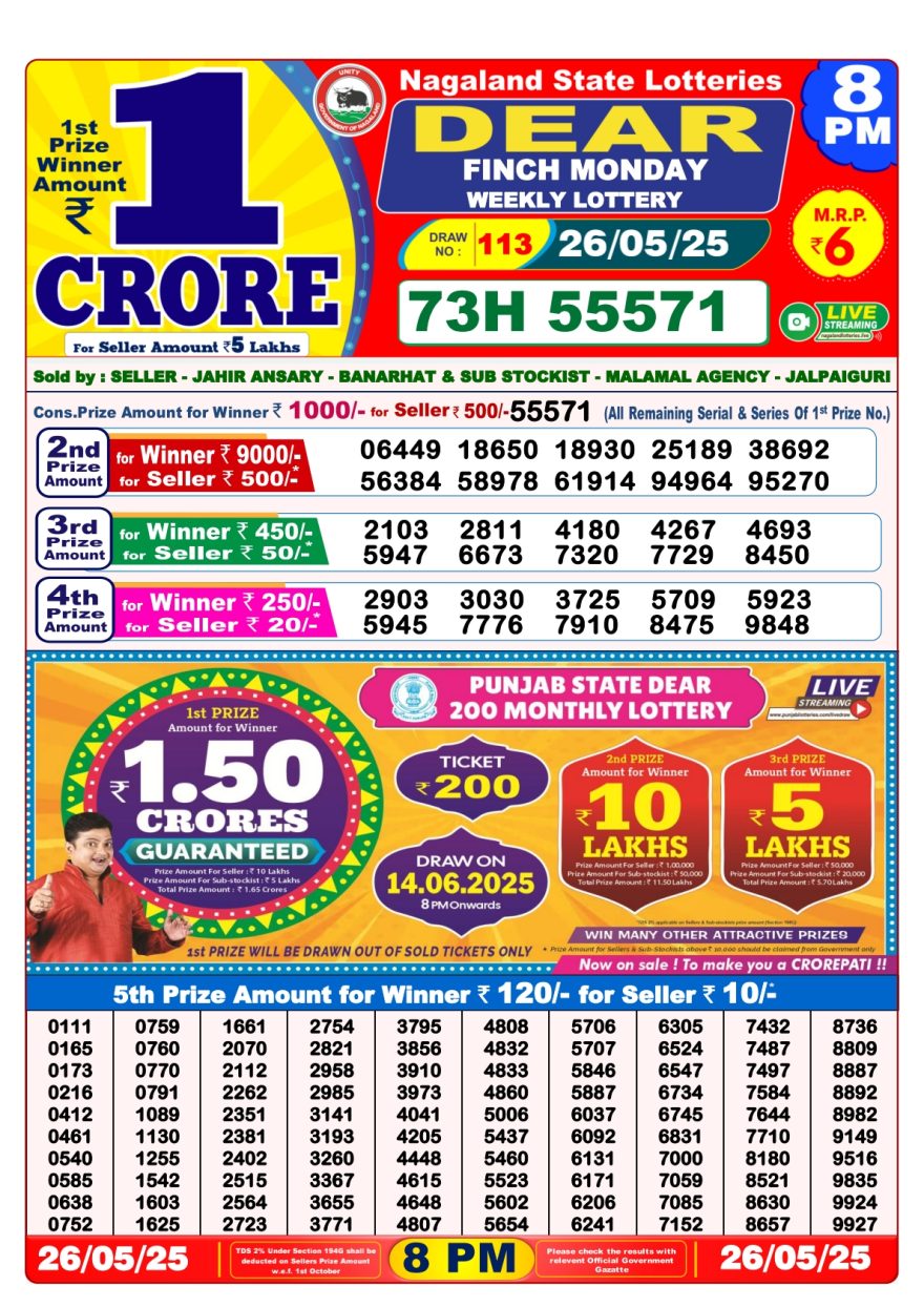 Dear finch Weekly Lottery 8PM Result 26.05.25