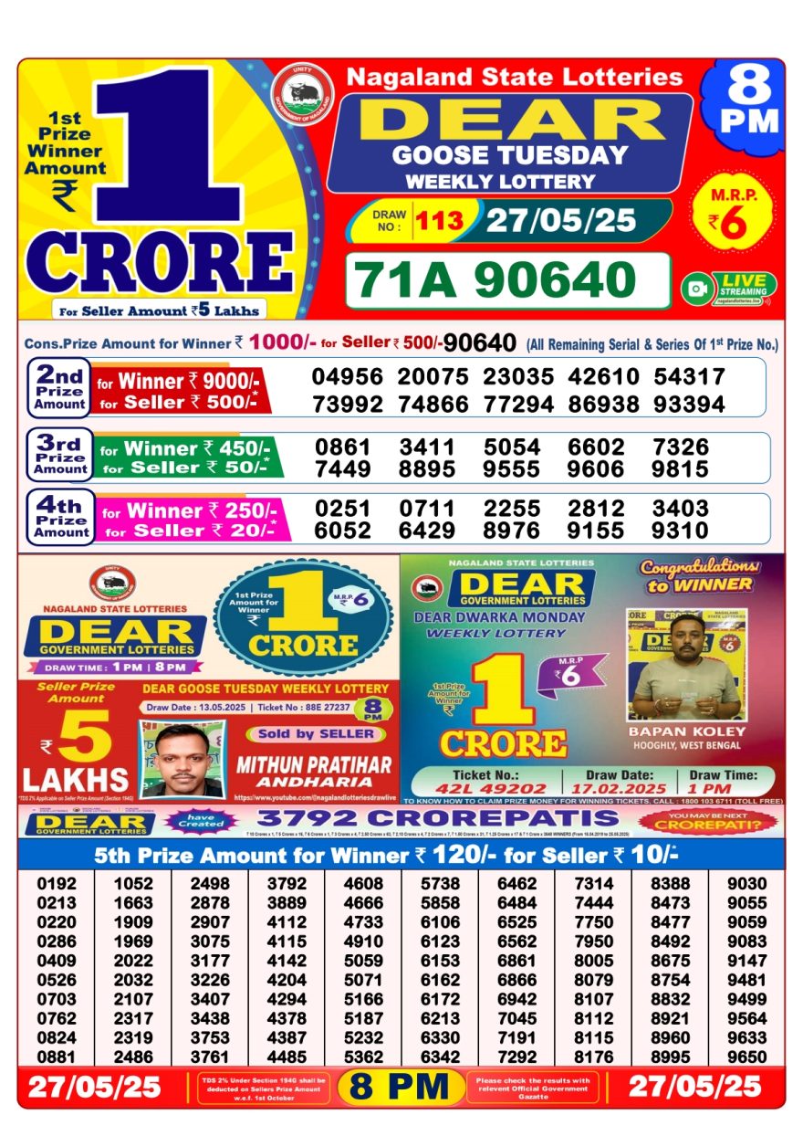 Dear goose Weekly Lottery 8PM Result 27.05.25