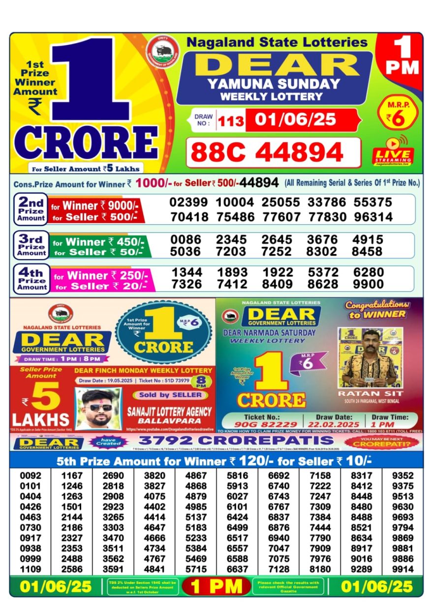Dear yamuna sunday Weekly 1pm result 01.06.25