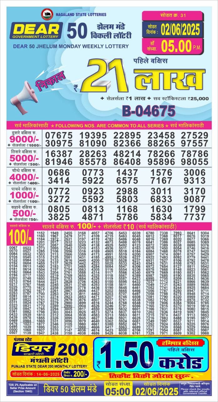 Dear 50 jhelum monday Lottery 5pm Result 02.06.25