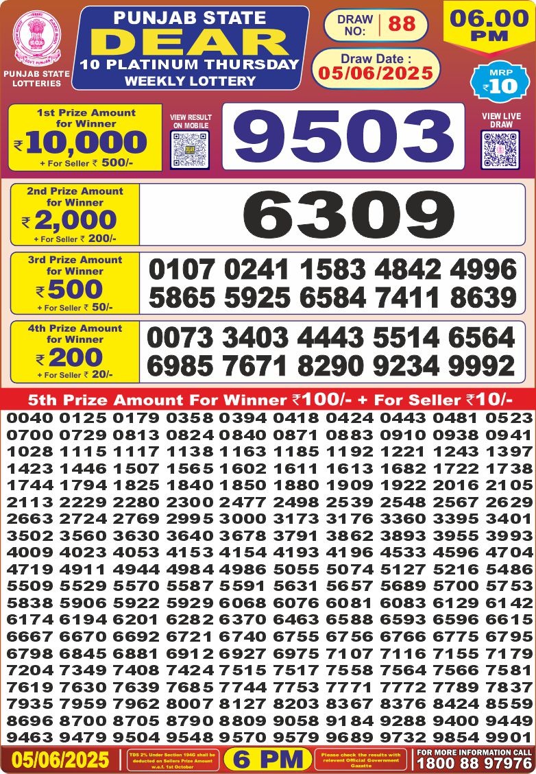Punjab state dear 10 6pm lottery result 05.06.2025