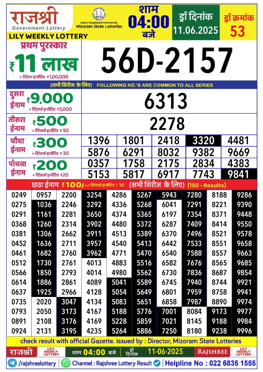 Rajshree Lily Wednesday Weekly Lottery 4PM Result 11.06.2025