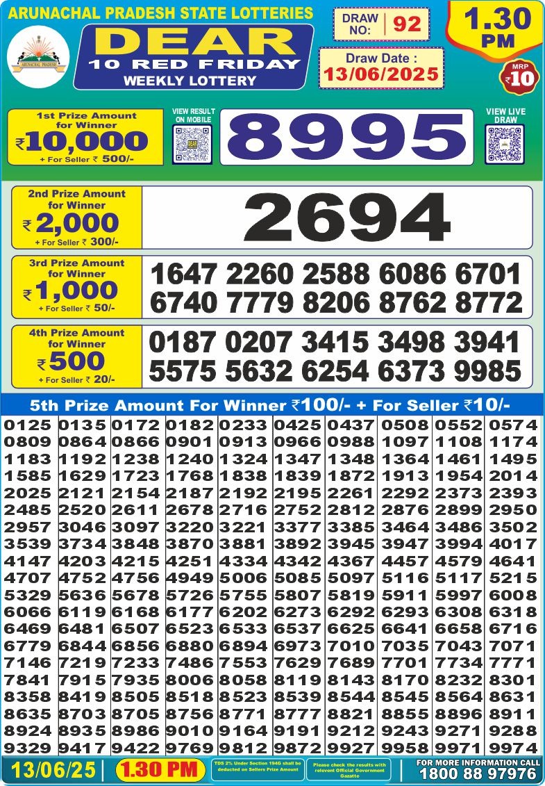 Dear 10 red lottery 1.30PM Result 13.06.2025