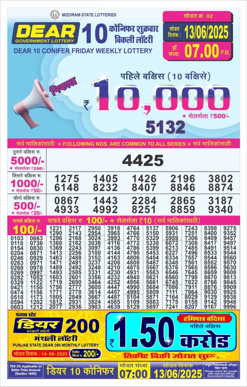 Dear 10 super 7pm result 13.06.2025