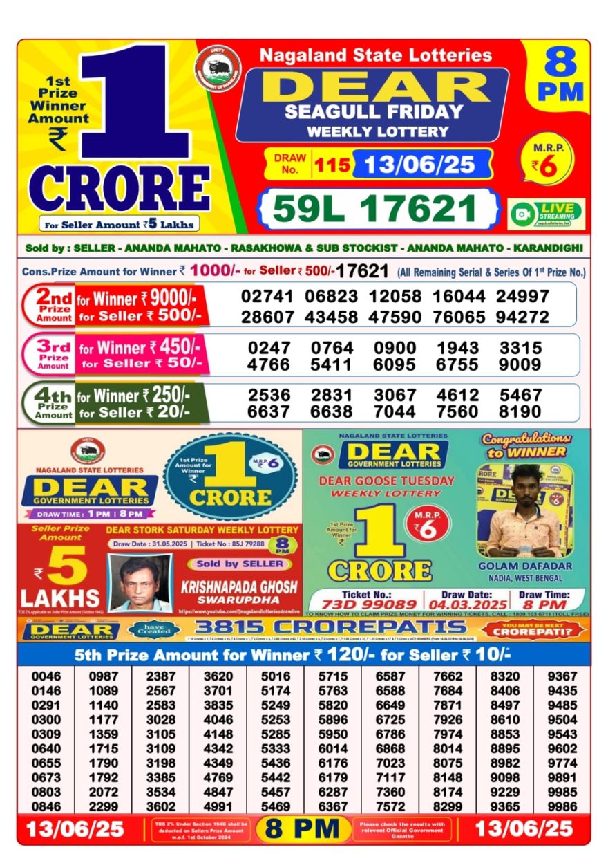 Dear seagull Weekly Lottery 8PM Result 13.06.2025