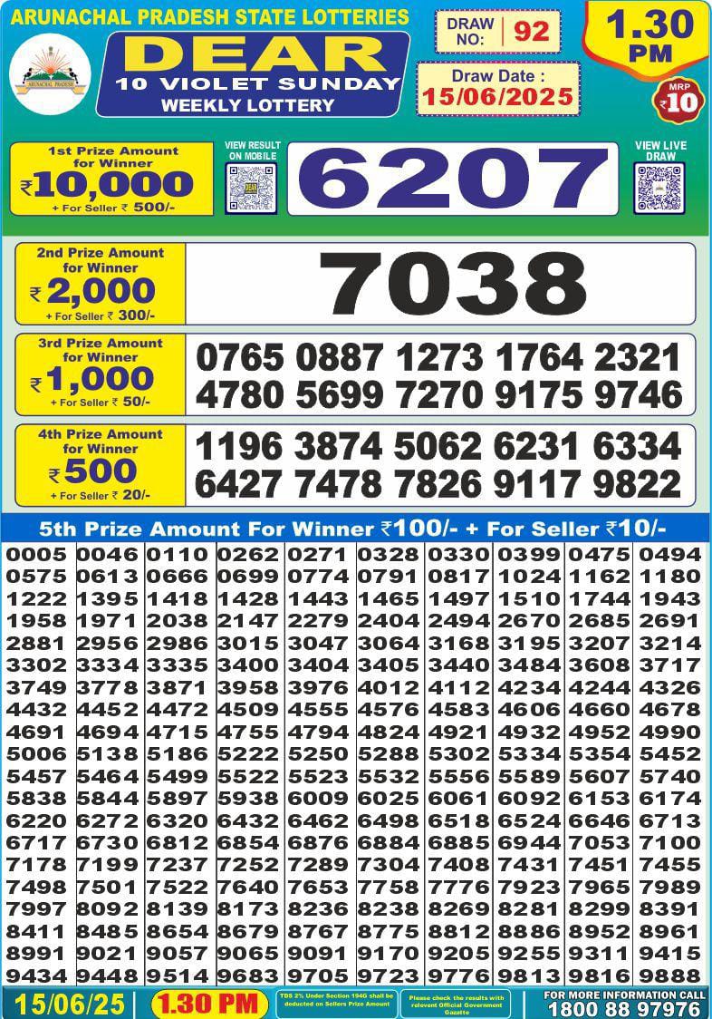 Dear 10 violet lottery 1.30PM Result 15.06.2025