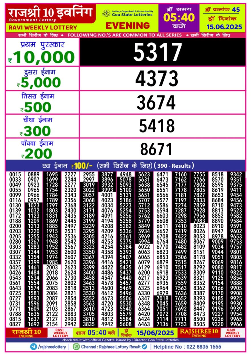 Rajshree 10 evening Sunday 5:40pm result 15.06.2025