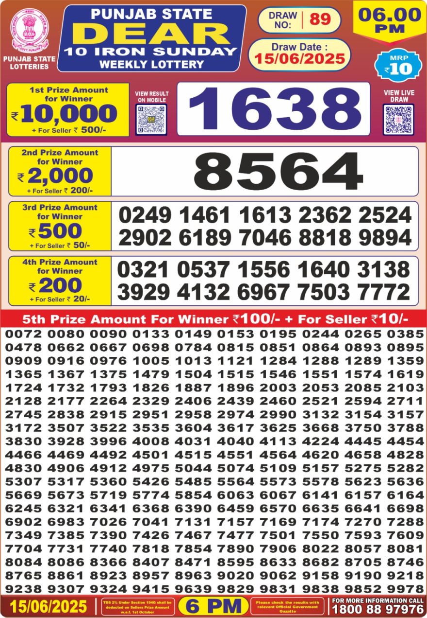 Punjab state dear 10 6pm lottery result 15.06.2025