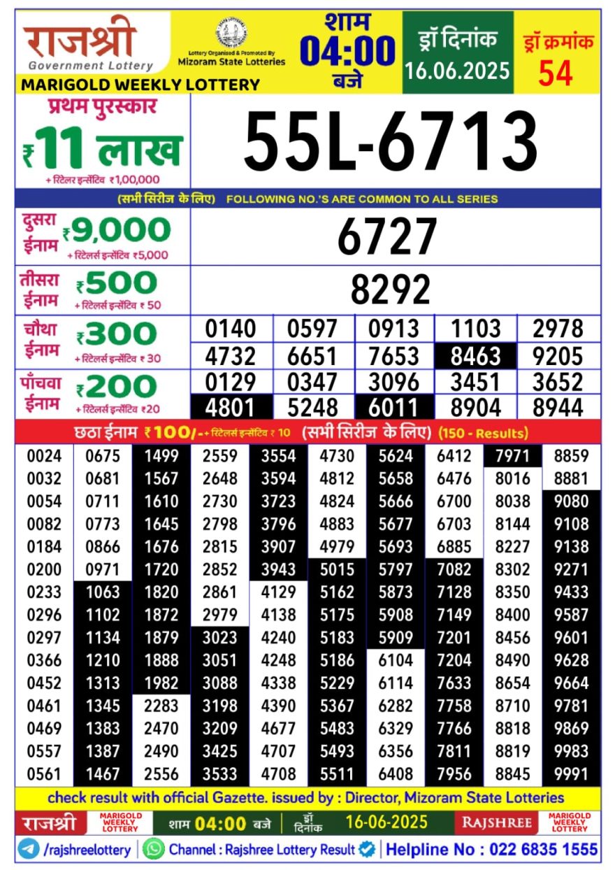 Rajshree marigold monday Weekly Lottery 4PM Result 16.06.2025