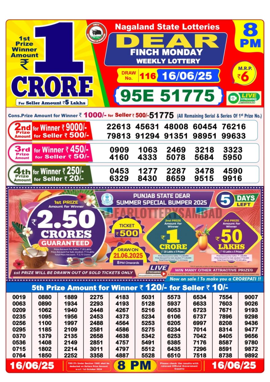Dear finch Weekly Lottery 8PM Result 16.06.2025