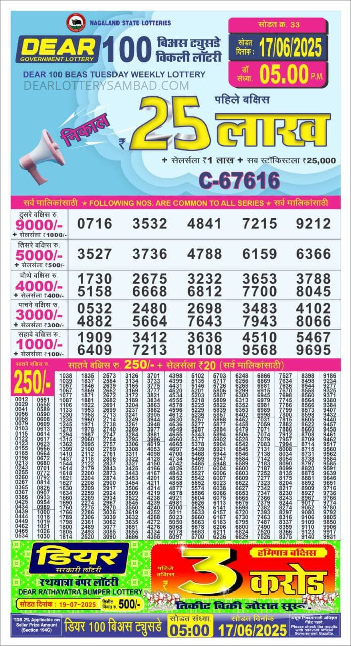 Dear 100 beas tuesday Lottery 5pm Result 17.06.2025