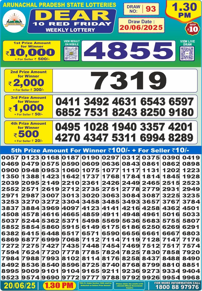 Dear 10 red lottery 1.30PM Result 20.06.2025