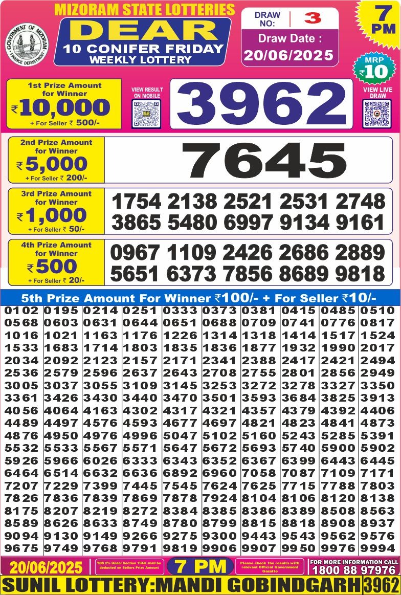 Dear 10 super 7pm result 20.06.2025
