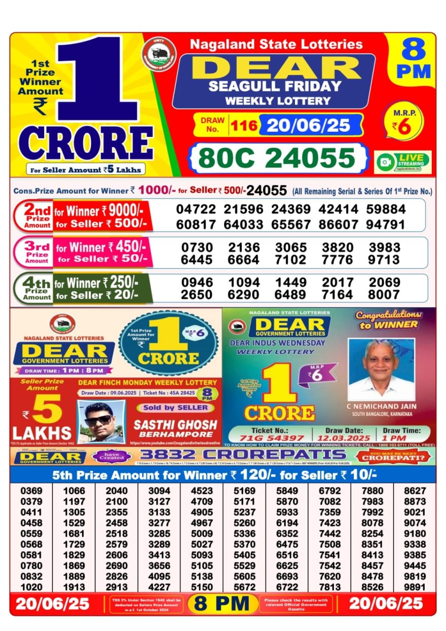 Dear seagull Weekly Lottery 8PM Result 20.06.2025