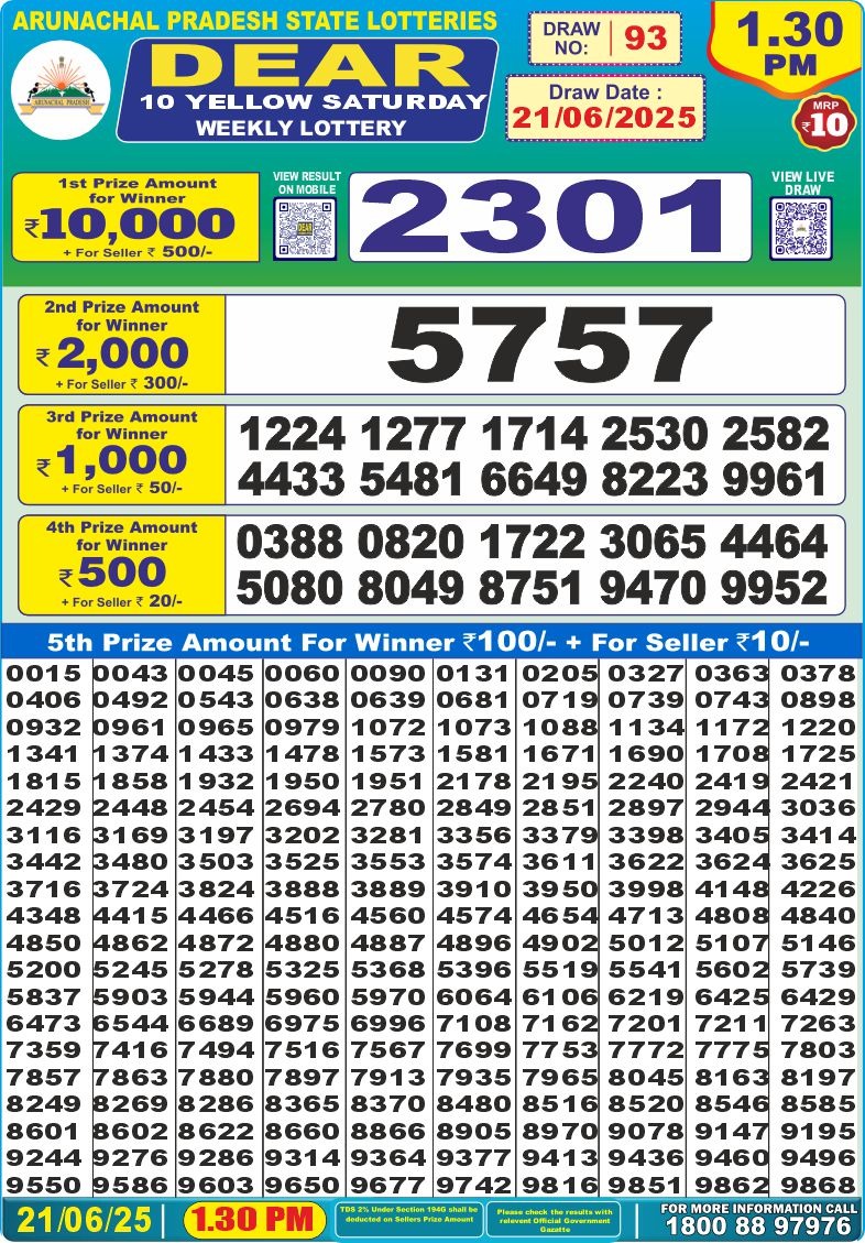 Dear 10 yellow lottery 1.30PM Result 21.06.2025