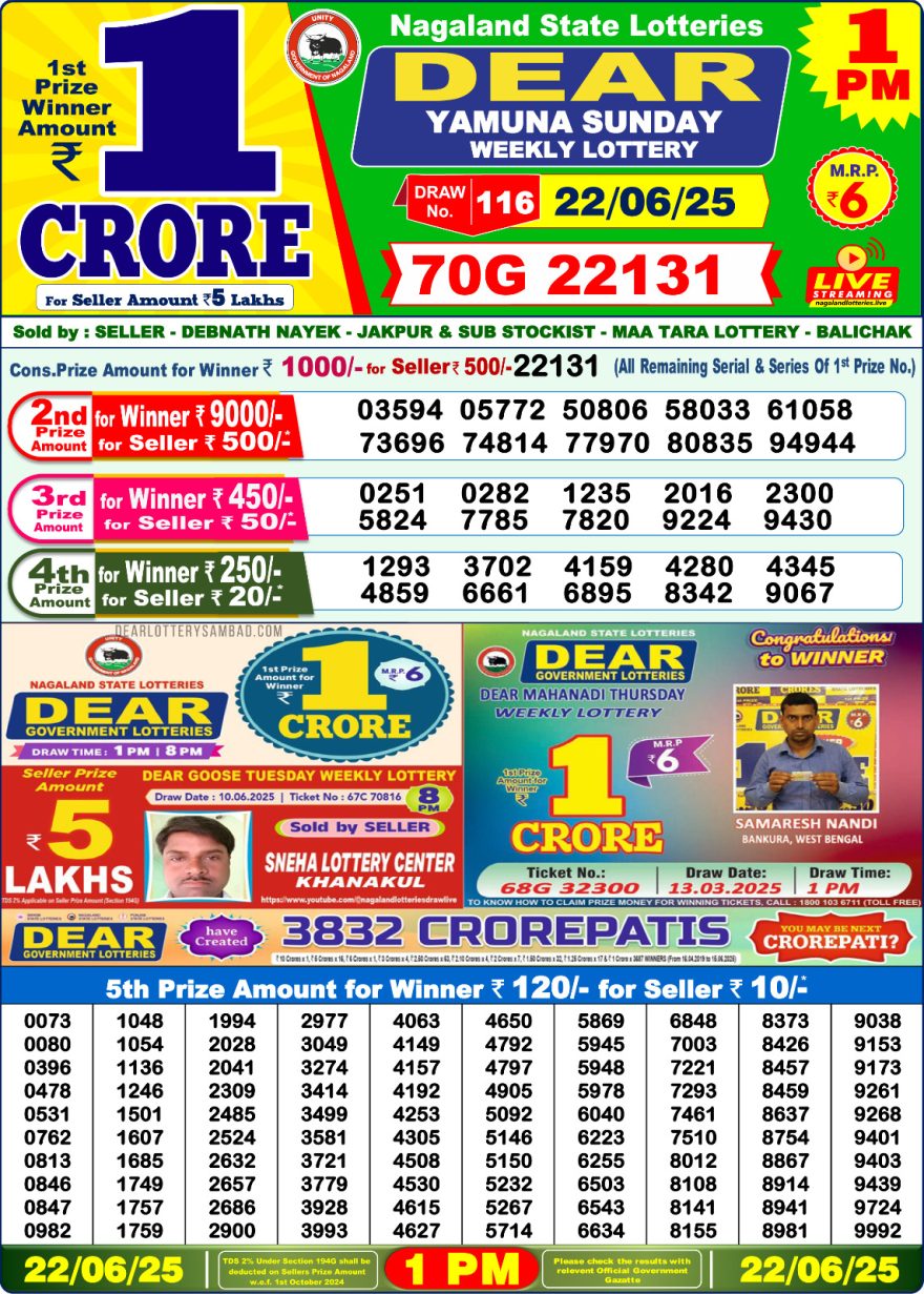 Dear yamuna sunday Weekly 1pm result 22.06.2025